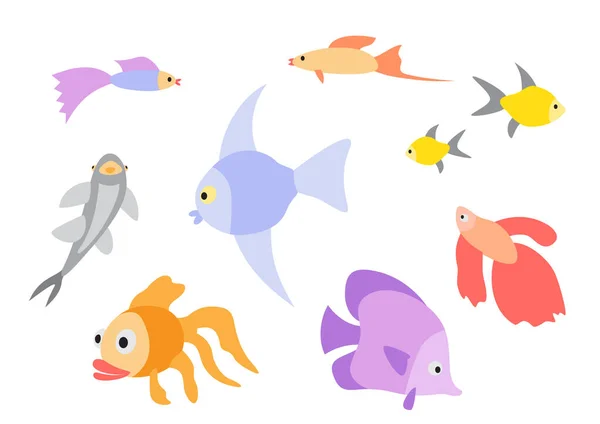 Aquarium Flat Design Color Fishes Set Isolated White Background Cartoon — Stock Vector
