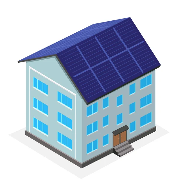 公寓大楼 太阳能电池板屋顶与白色背景隔离 生态屋图标符号符号 — 图库矢量图片