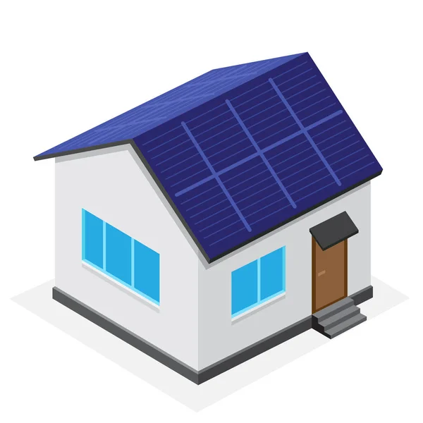 房屋建筑与太阳能电池板屋顶隔离在白色背景上 生态家庭图标符号 — 图库矢量图片