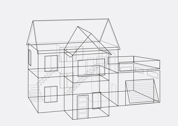 紙の背景に家のスケッチ 手描きの建物のアパートの鉛筆プロジェクト図面 — ストックベクタ