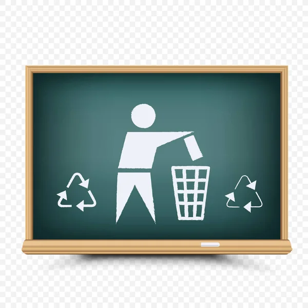 教育生態学の授業は 透明性のある背景に学校の黒板に描かれた廃棄物処理 籠絵の中でゴミを分別する — ストックベクタ