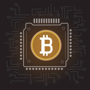 İşlemci çipi madenleri bitcoin işareti simgesi simgesi koyu arkaplan üzerinde gradyan gölge. Mikroişlemci donanımı sanal kripto para kazanıyor