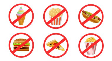 Fast food yasaklanmış çıkartma işareti beyaz arka planda izole edildi. Dondurma, sosisli sandviç, hamburger, patlamış mısır, pizza, kızarmış patates etiketi koleksiyonu yok.