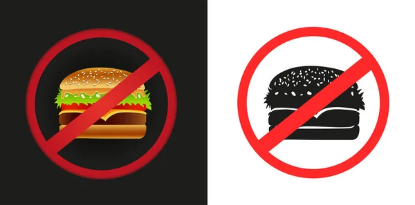 Rychlé Občerstvení Burger Zakázané Nálepky Bílém Tmavém Pozadí Žádný Symbol — Stockový vektor