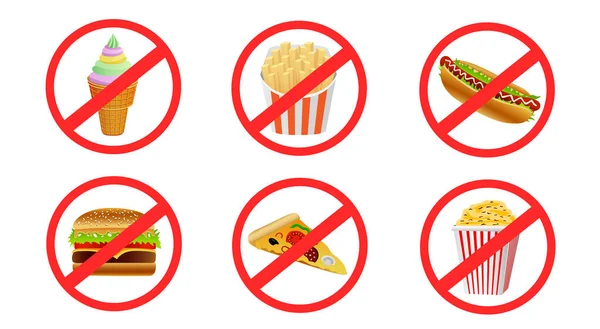 Fast Food Zabronione Naklejki Zestaw Znaków Izolowane Białym Tle Bez — Wektor stockowy