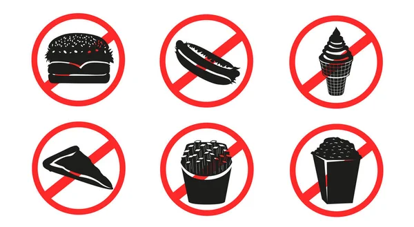 Απαγορευμένο Σετ Πινακίδων Αυτοκόλλητα Fast Food Που Απομονώνεται Λευκό Φόντο — Διανυσματικό Αρχείο
