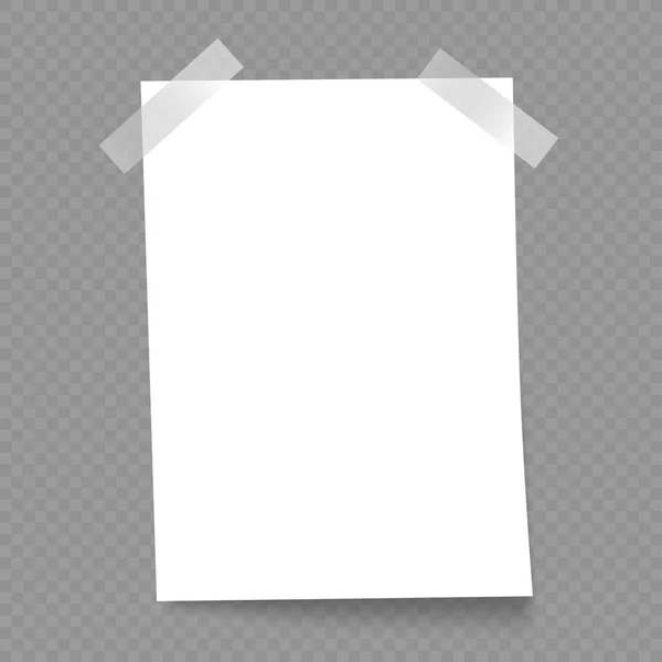 灰色のバックグリンドに粘着テープと影が付いた白い垂直ペーパーテンプレート 論文ノート シート 空白のページ — ストックベクタ