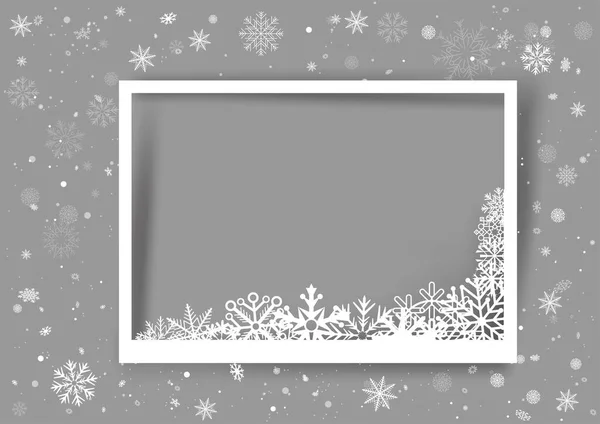 Christmas Photo Frame Snow Corner Template Shadow Snowfall Gray Background — Stock Vector