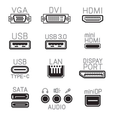 Taslak donanım arayüzü simgeleri tabelaları ayarlandı. VGA DVI USB Koleksiyonu PORT SATA ses bağlantı sembolünü görüntüle. Bilgisayar soketi veri portları