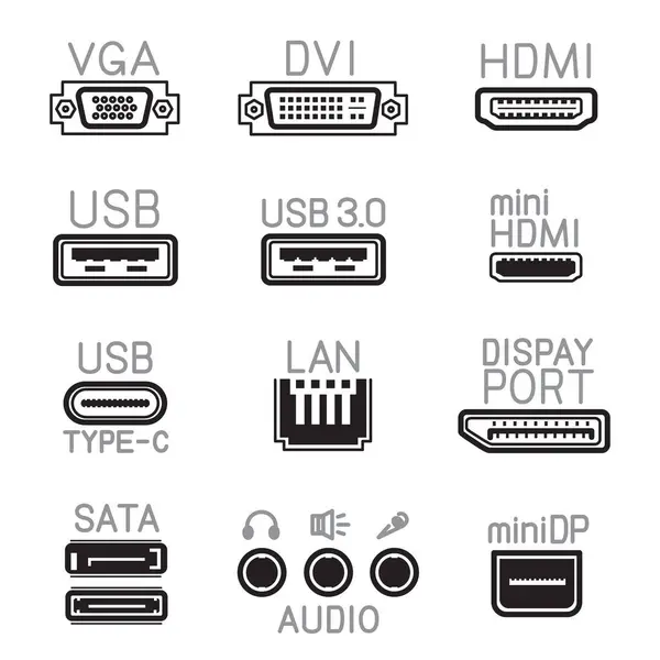 하드웨어 인터페이스 아이콘 Vga Dvi Usb 디스플레이 Sata 오디오 커넥터 — 스톡 벡터
