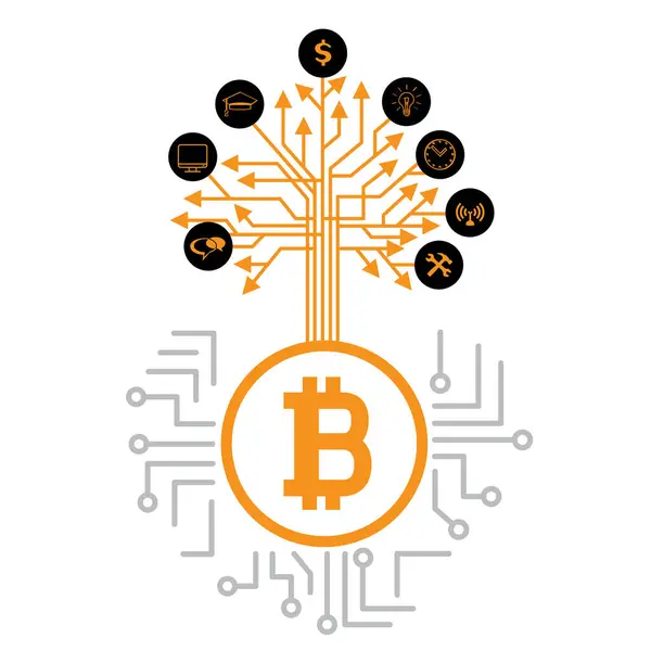 Wachsen Bitcoin Kryptobaum Auf Cpu Computerchip Isoliert Auf Weißem Hintergrund — Stockvektor
