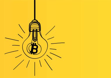 Kripto bitcoin için ışıkları açın. Bitcoin sembollü sanatsal bir ampul çizimi bir kabloya asılı, finans reklamcılığı fikri tasarımını gösteriyor