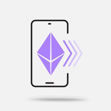 Akıllı telefon simgesinde Crypto Ethereum beyaz arka planda izole edilmiş bir gölge. Blockchain mobil ödeme konsepti işareti sembolü