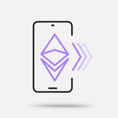 Crypto Ethereum, beyaz arkaplanda izole edilmiş gölgesi olan akıllı telefon dış hat ikonu. Blockchain mobil ödeme konsepti işareti sembolü