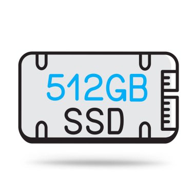 Beyaz arkaplanda gölgesi olan SSD 512GB hafıza ana hatları simgesi