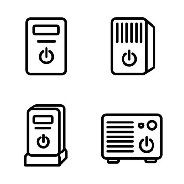 UPS Aygıt ana hatları simgesi beyaz arkaplanda izole edildi. Kesintisiz güç kaynağı UPS cihazları teknik arayüzler, gösterge panelleri ve güç desteği ve altyapıya odaklı mobil uygulamalar.