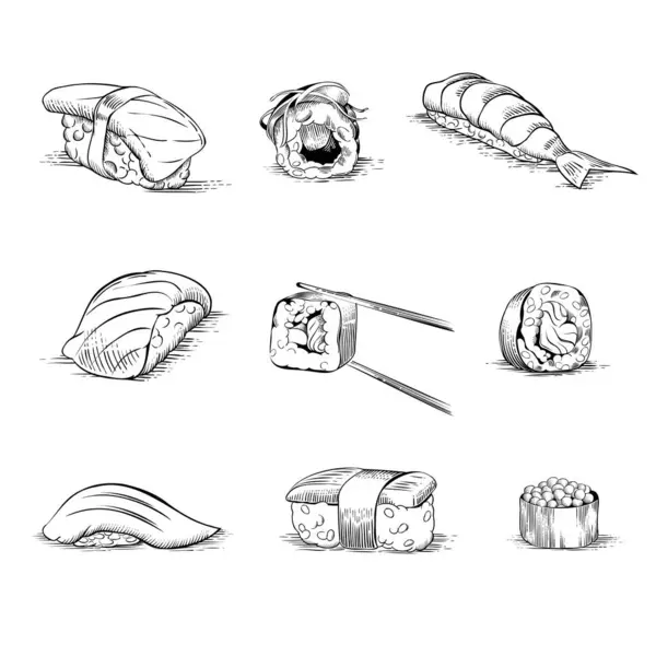 Conjunto Sushi Desenhado Mão Rolos Ilustração Vetorial Estilo Arte Linha — Vetor de Stock