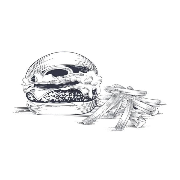 ハンバーガーとフライ 彫刻スタイルのベクトルイラスト — ストックベクタ