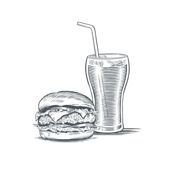 Burger Egy Pohár Kóla Szívószállal Vektor Illusztráció Gravírozási Stílusban — Stock Vector