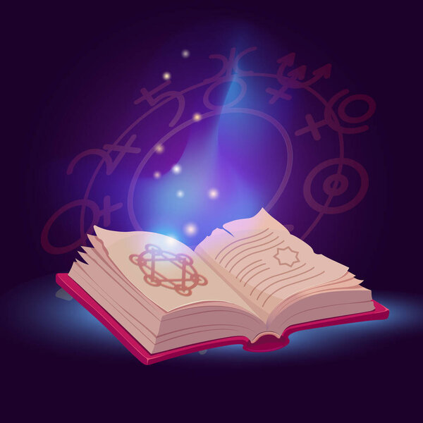 Open magic spell book in bright magical glow. Vector Illustratio