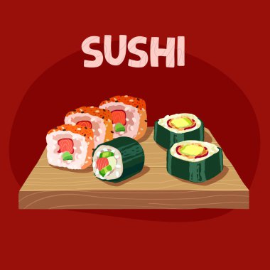 Sushi kırmızı arka planda. Vektör illüstrasyonu
