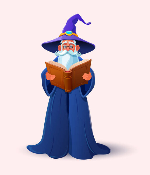 Old wizard in a mantle and hat reading a magical spell book. Cartoon character. Vector illustration