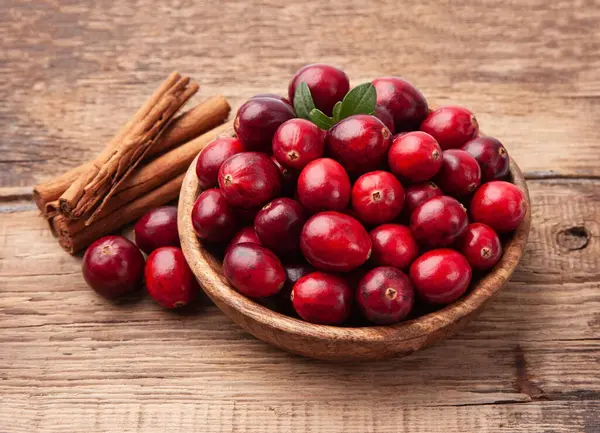 Sweet Cranberries Cinnamon Pods Wooden Backgrounds Photo Healthy Food Ingredient Stock Picture