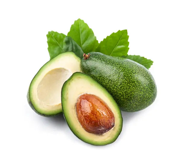 Avocadofrüchte Mit Blättern Auf Weißem Hintergrund Stockfoto