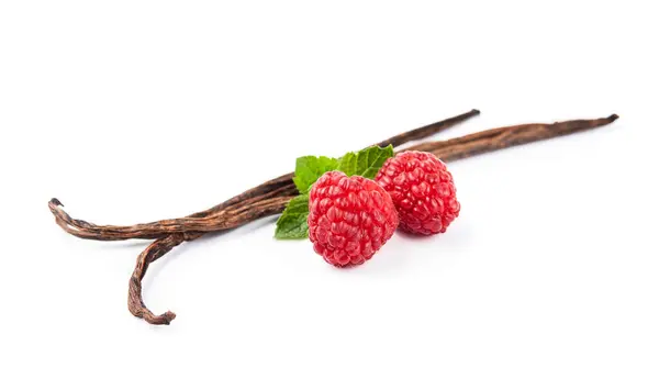 Vanilkové Lusky Malinami Bílém Pozadí Zdravá Složka Potravin Stock Snímky
