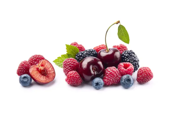 Berries White Backgrounds Raspberry Blueberries Blackberry Cherry White Backgrounds Fotografia De Stock