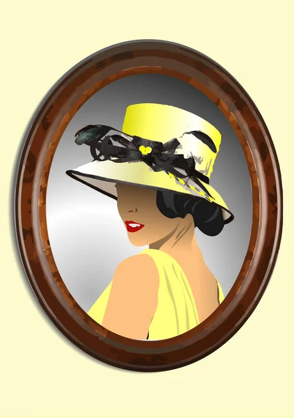 Retrato Una Mujer Con Sombrero Amarillo Espejo Vector Ilustración Color — Vector de stock