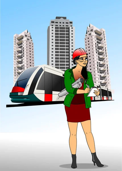Dormitory Tram Woman Civil Engineer Color Vector Illustration — Stock Vector
