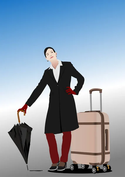 Geschäftsfrau Mit Regenschirm Und Koffer Farbe Vektor Illustration — Stockvektor