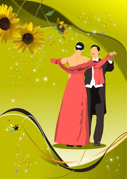 Pasangan Muda Menari Waltz Ilustrasi Warna Vektor - Stok Vektor
