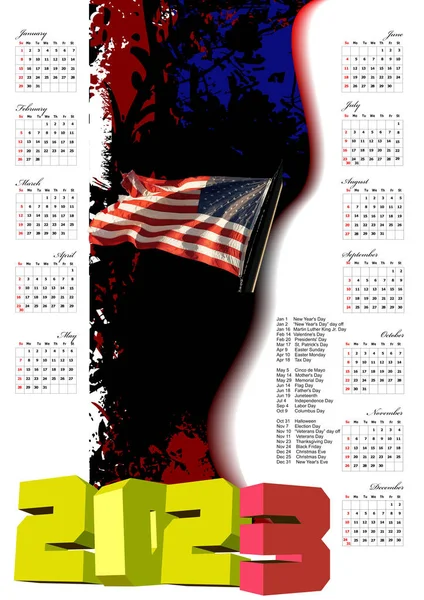 2023 Calendario Con Bandera Americana Días Festivos Ilustración Color Vectorial — Vector de stock