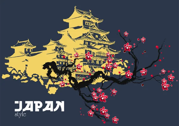Sakura Zweig Und Tempel Auf Schwarzem Hintergrund Farbvektorillustration Japanischen Stil — Stockvektor