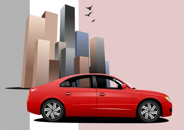 グリッドの背景に抽象都市 都市概念 車のセダンだ 3Dカラーベクトルイラスト — ストックベクタ