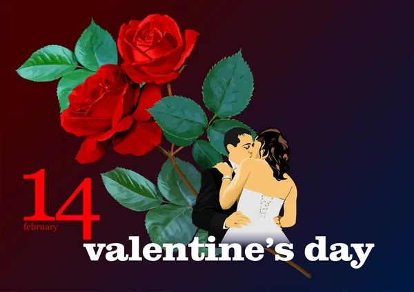 Valentinstag Hintergrund Mit Rosenblüte Und Küssendes Paar Vektor Illustration — Stockvektor