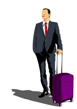 Bavullu adam eğitime gidiyor. Vektör 3d illüstrasyon