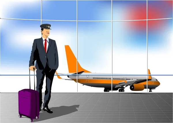 飛行機やパイロットの画像と空港のシーン デザイナーのためのベクトル3Dイラスト — ストックベクタ
