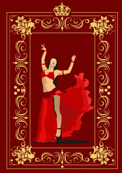 Ballerino Pancia Attraente Ragazza Balla Danza Orientale Vestito Viola Illustrazione — Vettoriale Stock