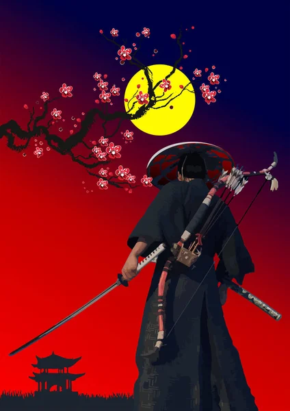 Hintergrund Japanischen Stil Mit Samurai Bild Farbige Vektorillustration — Stockvektor