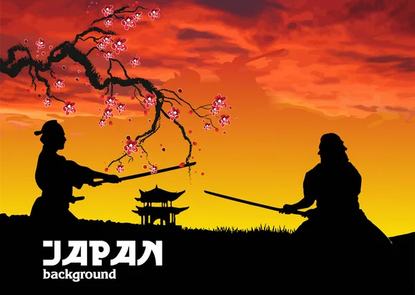 Silhouette Noire Samouraï Avec Épée Sur Fond Ciel Haut Illustration — Image vectorielle