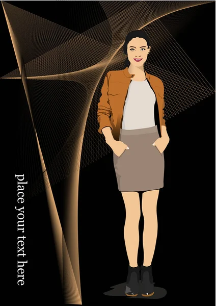 黒の未来的な背景に若いファッション女性 女の子だ 3Dベクトル図 — ストックベクタ