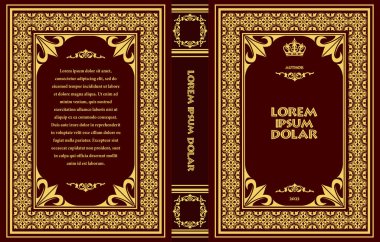 Süslü deri kitap kapağı ve eski süs çerçeveleri. Royal Golden tarzı tasarım. Kitapların kapaklarına basılacak klasik Sınır. Vektör illüstrasyonu