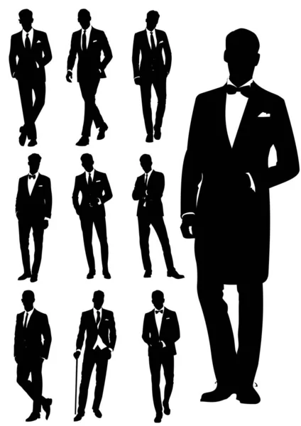 Ensemble Messieurs Élégants Dans Costume Mode Illustration Vectorielle Noir Blanc — Image vectorielle