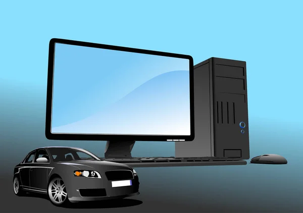 黒い車セダンデスクトップPcの概要構成 ベクトル3Dイラスト — ストックベクタ