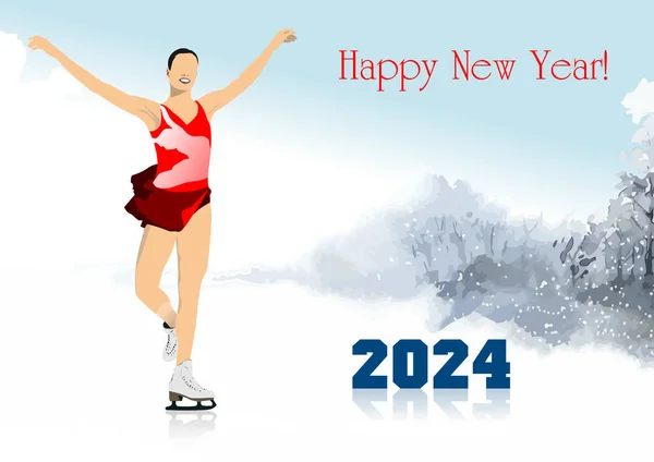 2024 Color Vector Illustration Designers Figure Skating Girl Image — Stock Vector