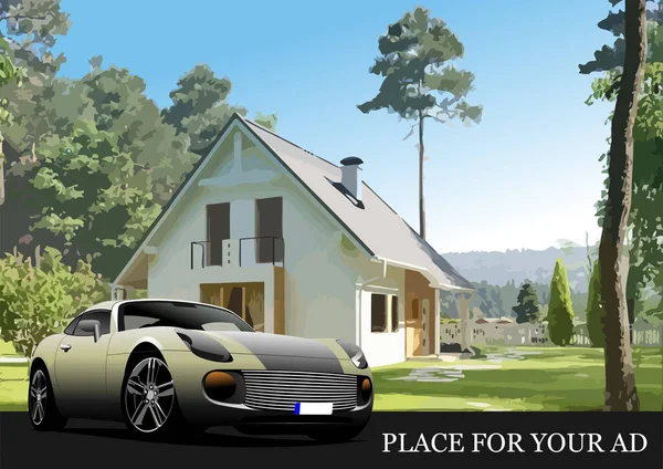 优雅的现代房子 停放着一辆汽车 3D彩色矢量插图 — 图库矢量图片