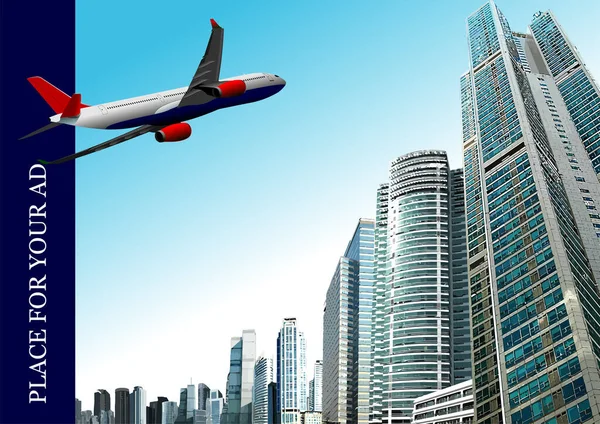 乗客の飛行機のイメージを持つ近代的な都市の通り 3Dカラーベクトルイラスト — ストックベクタ
